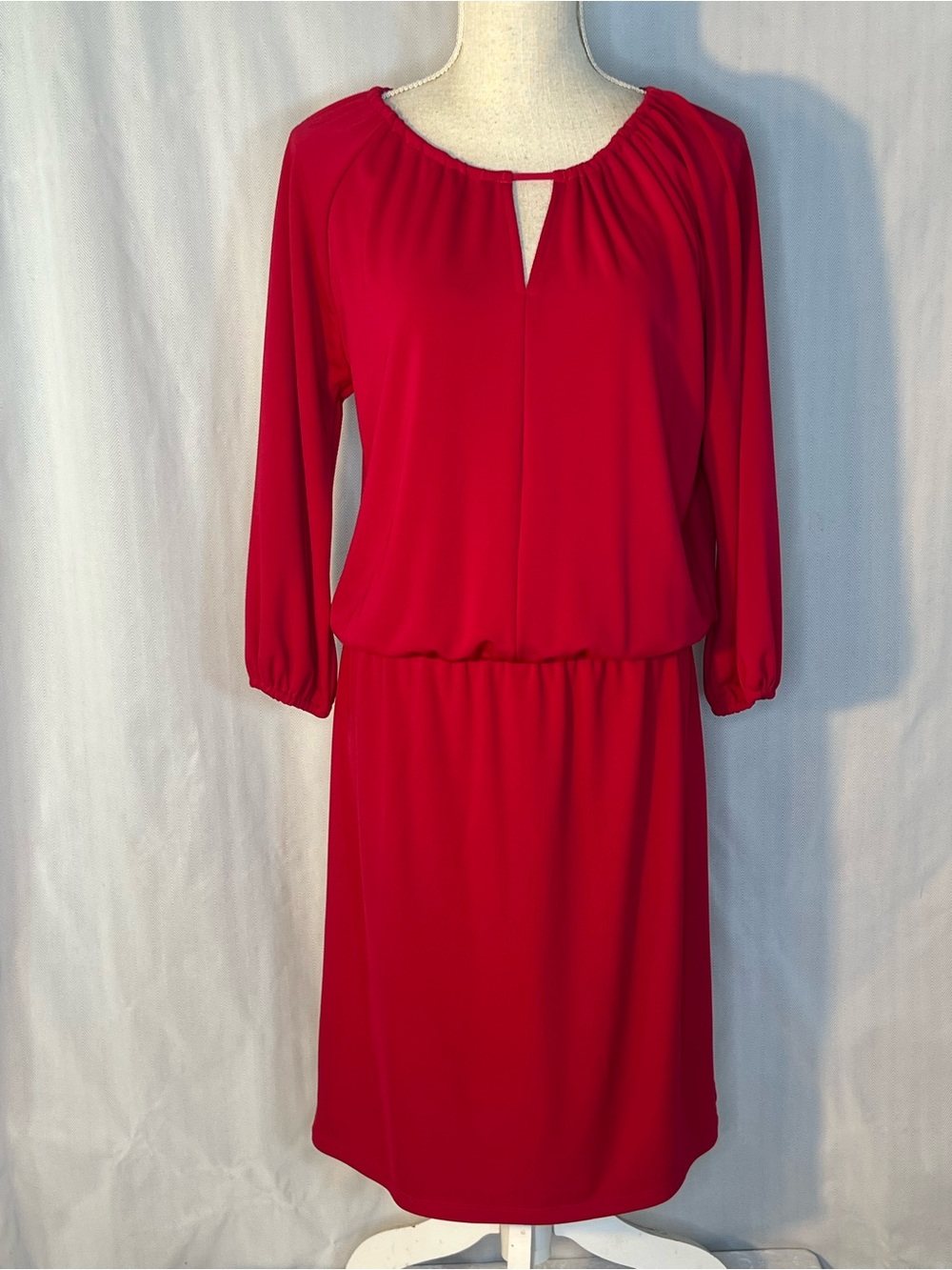 Talbots Red Dress Blouson Elastic Waist Long Sleeves Round Neckline MP